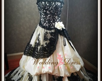 Gothic Wedding Dress Pale Yellow and Black French Lace Custom Handmade by Award Winning Bridal Dressmaker in New Jersey