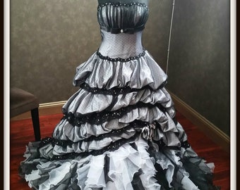 Stunning Victorian Gothic Wedding Dress in Black and White Strapless with Ruffles by Award Winning Wedding Dress Fantasy