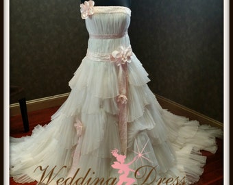 Stunning Ivory and Baby Pink Romantic Wedding Dress READY TO SHIP