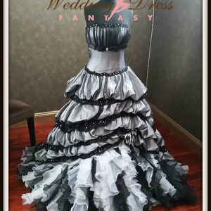 Stunning Victorian Gothic Wedding Dress in Black and White Strapless with Ruffles by Award Winning Wedding Dress Fantasy