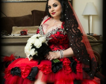 Vampire Red and Black Gothic Wedding Dress with Hand Sewn Rhinestones
