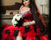 Vampire Red and Black Gothic Wedding Dress with Hand Sewn Rhinestones