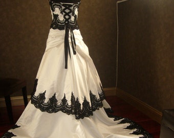 Stunning Gothic Black and White Wedding Dress converts to reception dress Custom Made to your Measurements by Award Winning Bridal Salon