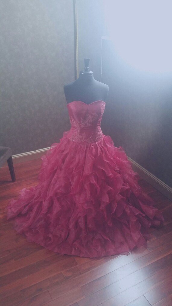 Dark Red Wedding Dress With Organza Ruffles And Beaded Lace Etsy