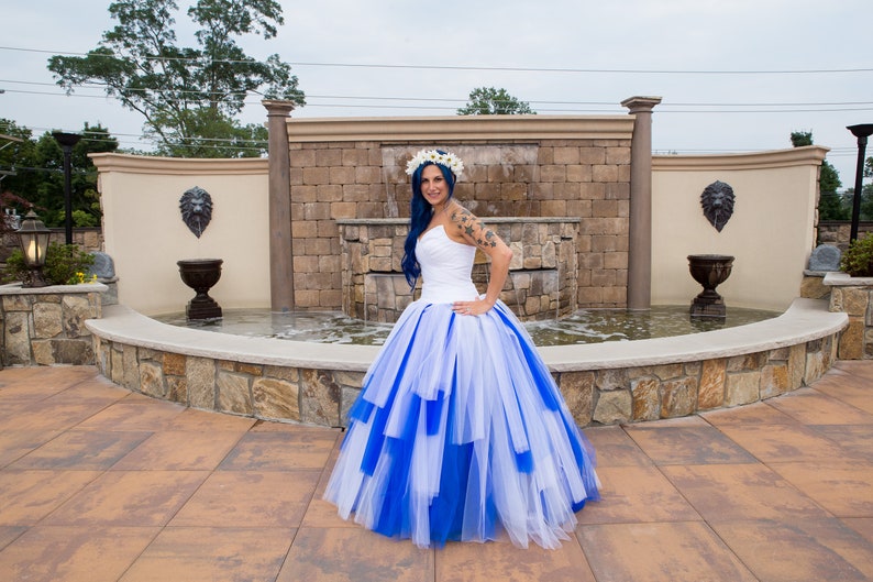 Sensational Blue and White Custom Designed Wedding Dress, Blue Bridal Gown image 6