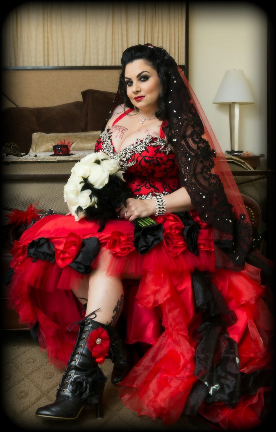 Vampire Red and Black Gothic Wedding Dress With Hand Sewn Rhinestones -   Canada