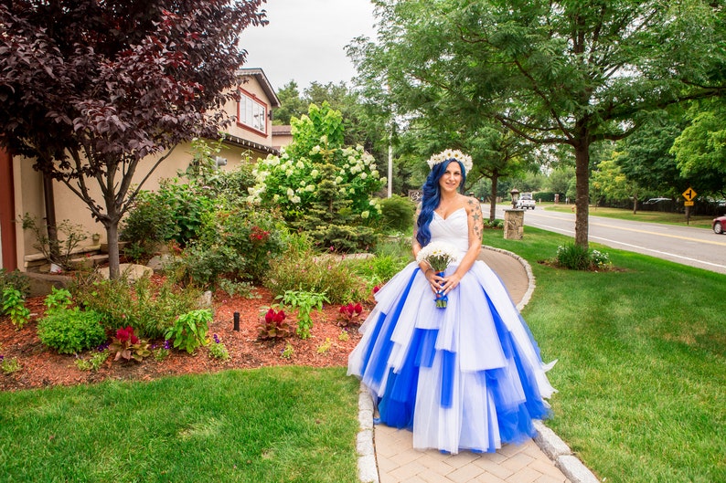 Sensational Blue and White Custom Designed Wedding Dress, Blue Bridal Gown image 4