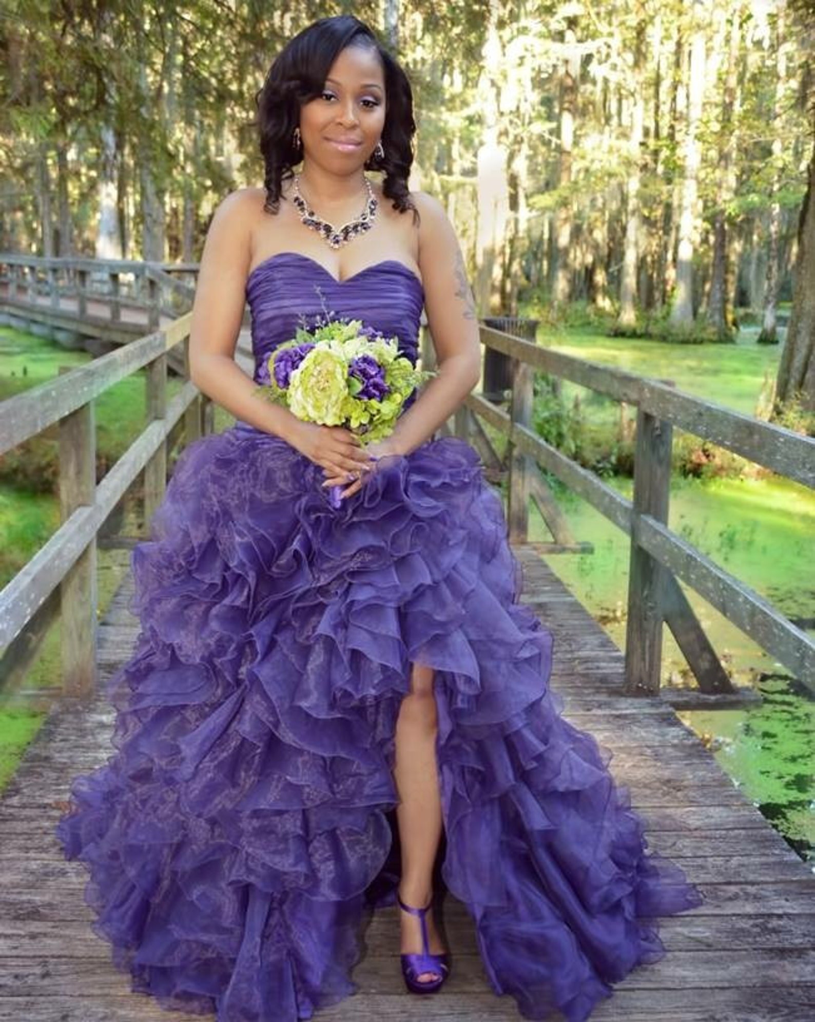 Purple Flower Printed A Line Cut Out Wedding Guest Dress with Slit