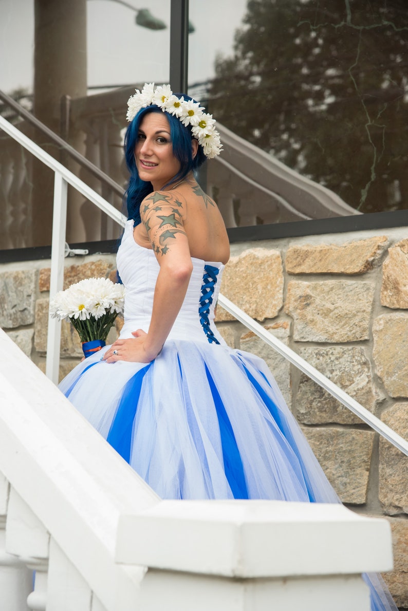 Sensational Blue and White Custom Designed Wedding Dress, Blue Bridal Gown image 7