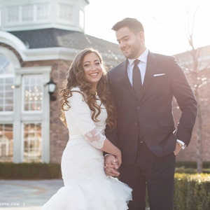 Stunning Modest Wedding Dress with Long Sleeves French Lace and Wave Organza by Award Winning Bridal Salon in Teaneck, NJ image 4