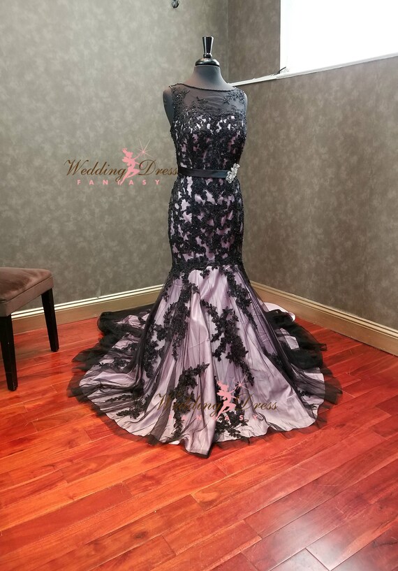 blush and black wedding dress