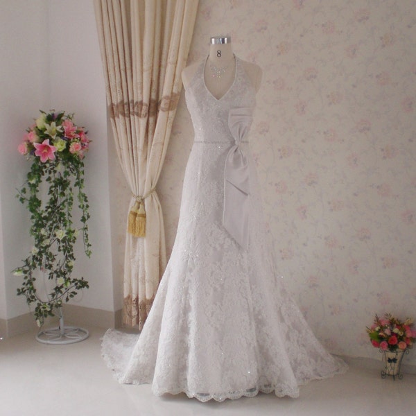 Trumpet Style Wedding Dress with French Lace Halter and Bow