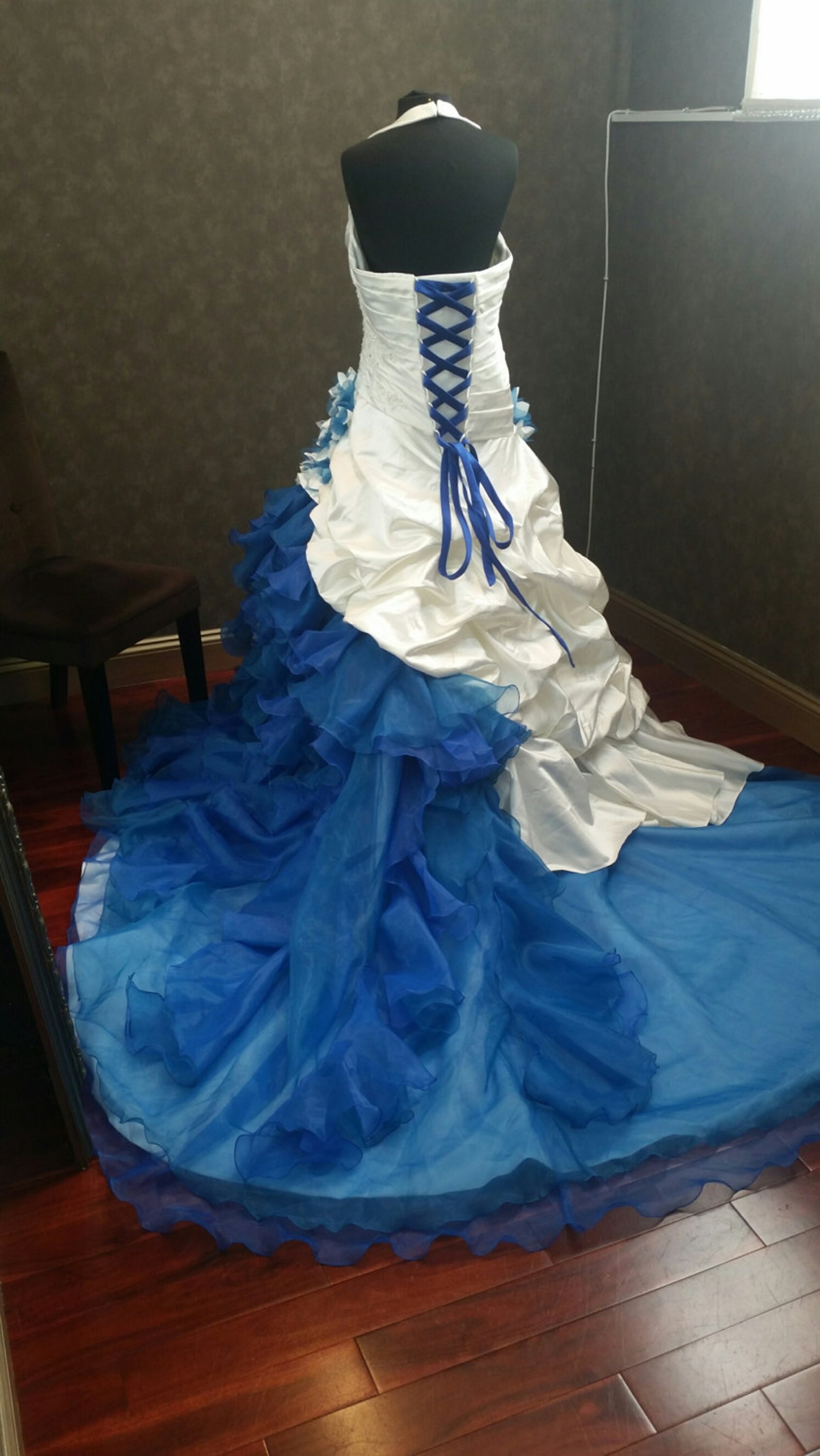 Blue and White Wedding Dress, Blue and White Bridal Gown, Blue and