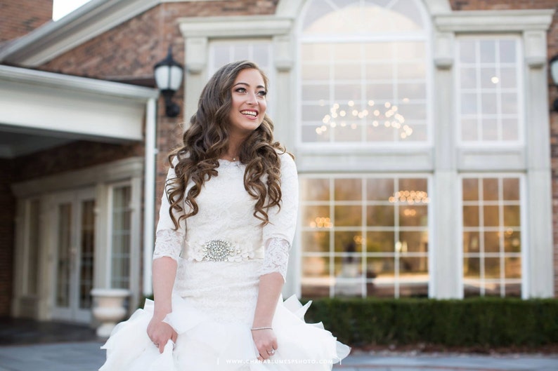 Stunning Modest Wedding Dress with Long Sleeves French Lace and Wave Organza by Award Winning Bridal Salon in Teaneck, NJ image 5