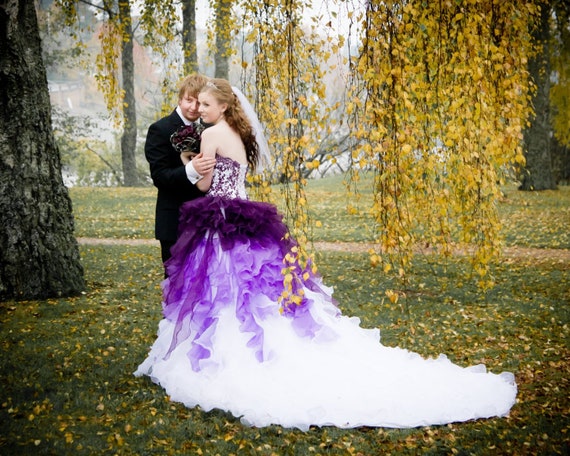 white wedding dress with purple lace