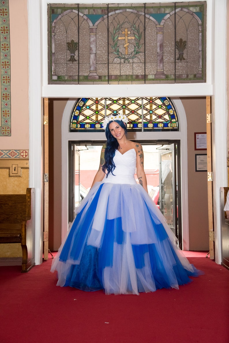 Sensational Blue and White Custom Designed Wedding Dress, Blue Bridal Gown image 8