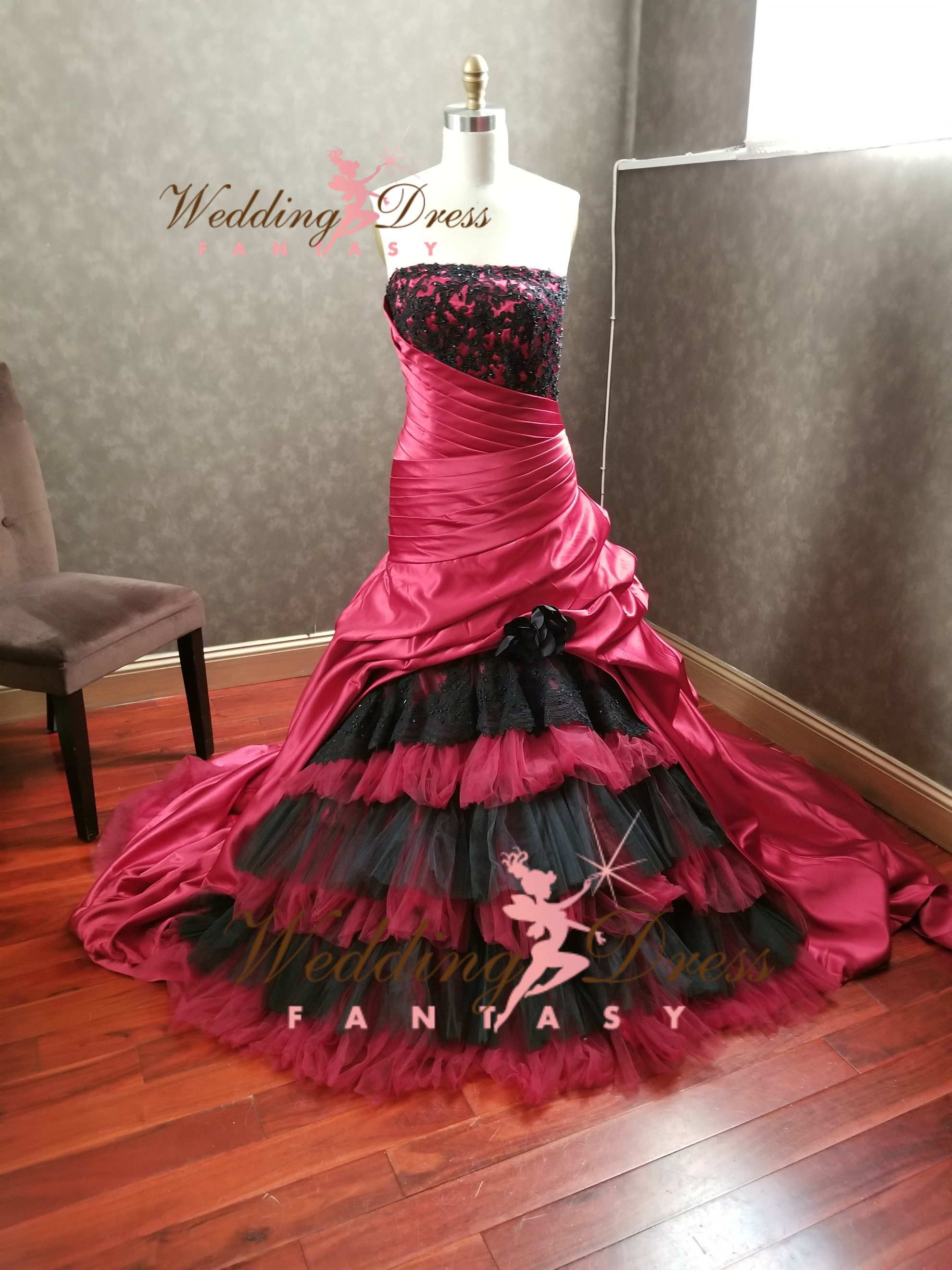 black and burgundy wedding dress