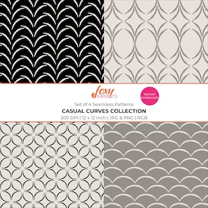 Może przedstawiać: Cyfrowy zestaw czterech bezszwowych wzorów zatytułowany Casual Curves Collection od Foxy Imprints. Projekty zawierają czarne, białe i szare motywy zakrzywionych linii. Tekst zawiera 300 DPI, 12 x 12 cali, JPG & PNG, RGB.
