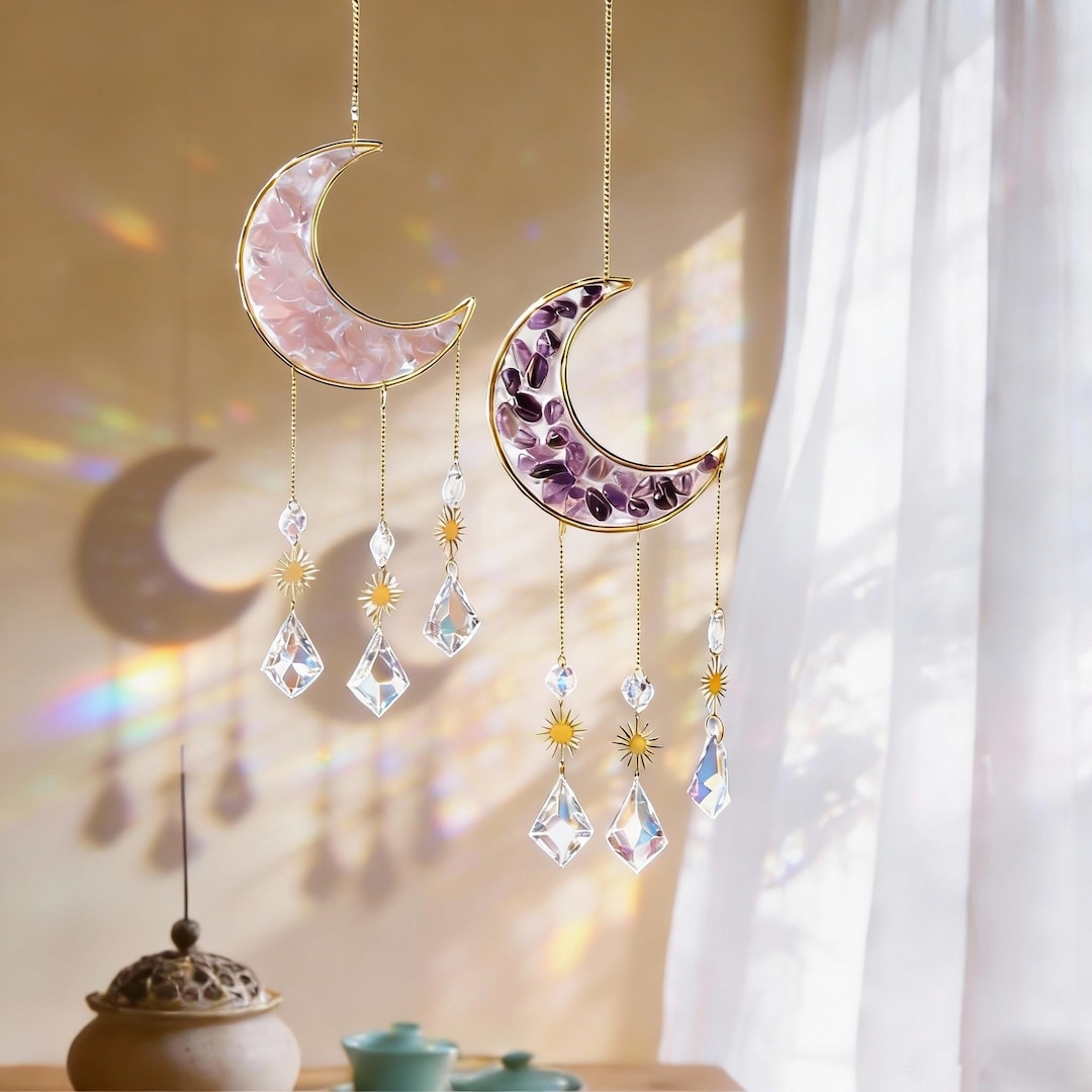 Crescent Moon Crystal Suncatcher - Boho Home Decor, Rainbow Maker ...