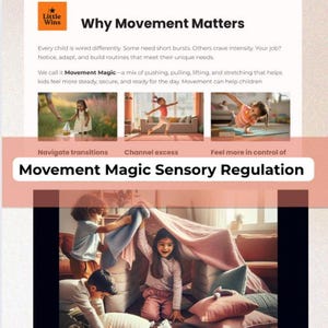 May include: A promotional graphic with the text "Why Movement Matters" and "Movement Magic Sensory Regulation." The image includes photos of children engaged in various activities, such as playing and exercising. The Little Wins logo is in the upper left corner.