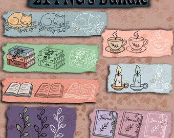 Cottagecore PNG Clipart Bundle, Cat, Books, Tea Cup