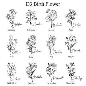 May include: A black and white illustration of 12 birth flowers, each representing a month of the year. Each flower is labeled with a name and month. The flowers include carnations, daffodils, daisies, roses, and holly.