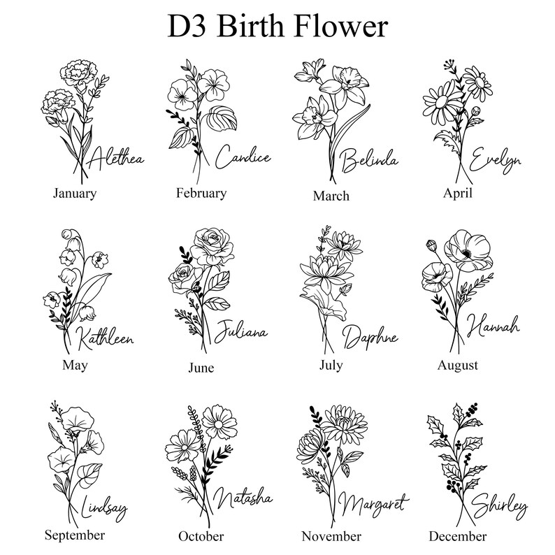 May include: A black and white illustration of 12 birth flowers, each representing a month of the year. Each flower is labeled with a name and month. The flowers include carnations, daffodils, daisies, roses, and holly.