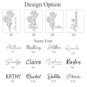 May include: Image showcasing design and font options for personalized products. Includes floral illustrations with names like Amanda and Alethea, along with various font styles for names such as Sally, Claire, and Kathy. The text "Design Option" and "Name Font" are also visible.