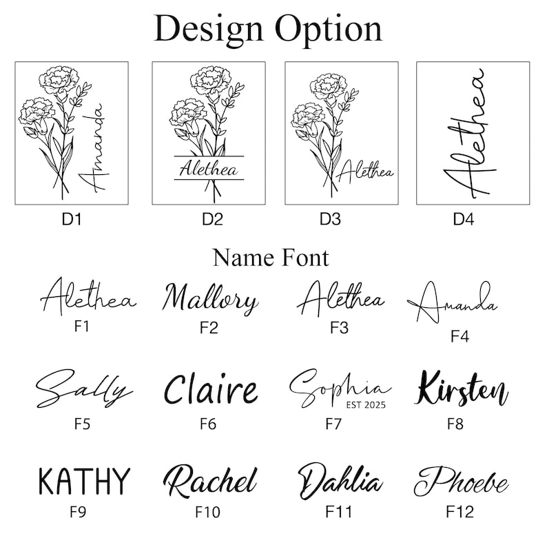 May include: Image showcasing design and font options for personalized products. Includes floral illustrations with names like Amanda and Alethea, along with various font styles for names such as Sally, Claire, and Kathy. The text "Design Option" and "Name Font" are also visible.