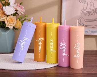 Personalized Skinny Tumbler, Bridesmaid Tumbler with Lid and Straw, Bachelorette Party Acrylic Tumbler, Customized bridal cup, Wedding Cups