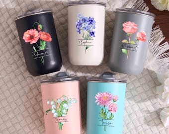 Personalized Stainless Steel Tumblers, Birth Month Flower Tumbler, Custom Insulated Travel Mugs, Bridesmaid Gift, Birthday Gifts For Her/Mom