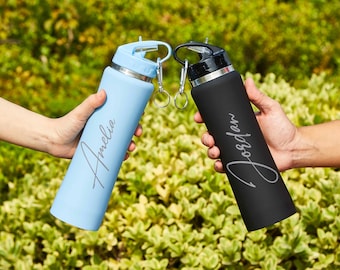 Botellas de agua personalizadas con pajita, termo, nombre, deportivas, regalo para deportistas.