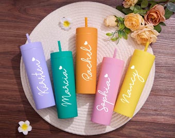 Personalized Tumbler with Lid and Straw, Custom Wedding Cups, 16oz Skinny Tumblers, Bridesmaid Tumbler, Bridesmaid Proposal, Wedding Favors