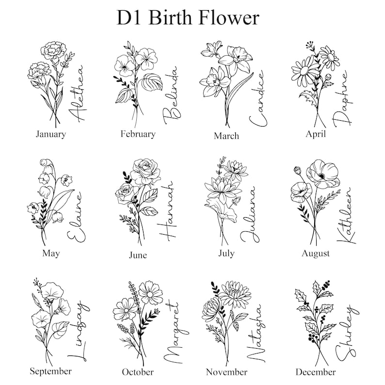 May include: Black and white line drawings of birth flowers for each month of the year. Each illustration includes the month's name and a corresponding flower, such as January's carnation and February's violet.