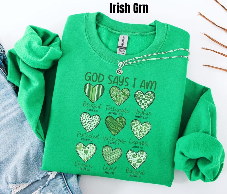 This sweatshirt is more than cute—it’s a declaration of faith 💚 The Gildan crewneck fit is soft, cozy, and easy to style, whether you’re heading to church, running errands, or enjoying a relaxed St. Patrick’s Day celebration. Each word reminds you of God’s truth about who you are—something worth carrying with you every day. If you love Christian gifts that are meaningful, wearable, and uplifting, this one belongs in your closet.