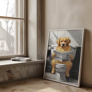 Golden Retriever Bathroom Wall Art Funny Digital Download | Dog on Toilet with Newspaper | Quirky Printable for Bathroom Decor