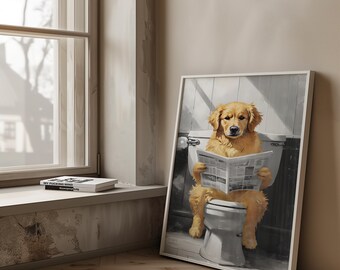 Golden Retriever Bathroom Wall Art Funny Digital Download | Dog on Toilet with Newspaper | Quirky Printable for Bathroom Decor