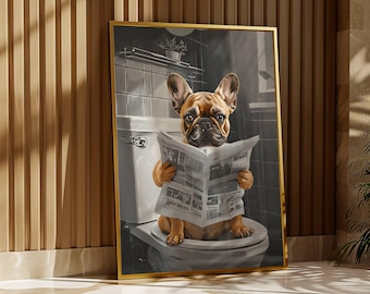 Fawn French Bulldog Bathroom Art – Frenchie on Toilet Reading Newspaper – Funny Dog Wall Print – Digital Download for Quirky Decor