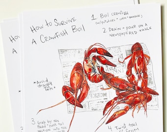 Cómo sobrevivir a unas tarjetas de mesa de ebullición de cangrejo de río - Tarjetas instructivas - Ajuste del lugar de ebullición de cangrejo de río - Ducha nupcial - Decoración de la cena de ensayo