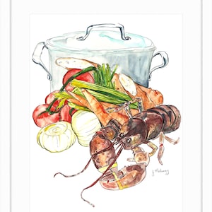 May include: Watercolor painting of a lobster with vegetables and bread in a pot. The lobster is red and brown with yellow claws. The vegetables are green, red, and white. The bread is brown. The pot is silver.