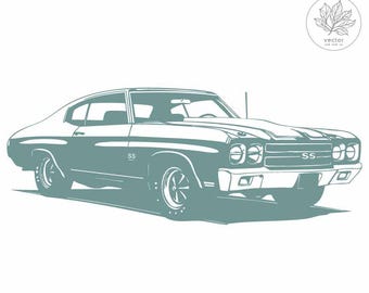 May include: A teal-colored illustration of a classic muscle car, featuring the text "SS" on the side and front. The car is depicted in a side profile, with details like the wheels, headlights, and hood scoop visible. The image includes the text "vector and vine co."