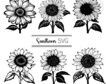May include: Black and white SVG file featuring six detailed sunflower illustrations. Each sunflower has a dark center, petals, leaves, and stem. The text "Sunflower SVG" is centered between the flowers.