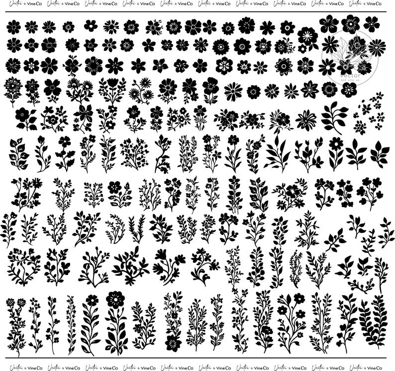 May include: A collection of black floral and botanical illustrations. The image features various flower and leaf designs, including individual flowers, sprigs, and clusters. The designs are in a simple, silhouette style, suitable for crafting or design projects.
