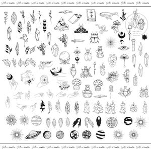 May include: A collection of black and white line art illustrations featuring crystals, leaves, hands, planets, mushrooms, candles, and other mystical elements. The designs are in a minimalist style, suitable for various craft projects.