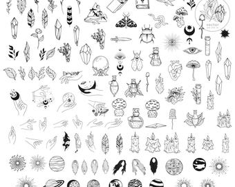 117 Celestial Bundle Svg/Celestial Elements Collection/Crystal Sun and Moon Svg/Portion and mushroom svg/Feather candles SVG/PNG/Clipart
