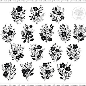 May include: A set of 16 black and white floral illustrations. Each illustration features a different arrangement of flowers and leaves.
