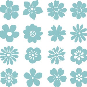 May include: A collection of sixteen teal-colored flower illustrations in various styles. Each flower has a unique petal arrangement and center design, set against a clean white background. The floral designs are simple and graphic.