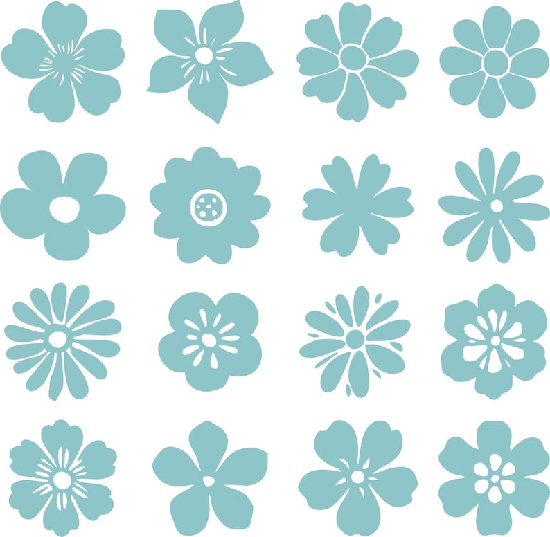 May include: A collection of sixteen teal-colored flower illustrations in various styles. Each flower has a unique petal arrangement and center design, set against a clean white background. The floral designs are simple and graphic.