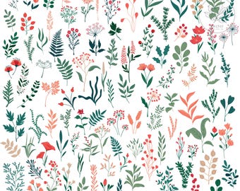 May include: A collection of botanical illustrations featuring various leaves, flowers, and berries in shades of green, red, orange, and beige. The illustrations are arranged on a white background, creating a diverse floral design.