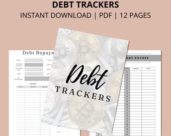 May include: A printable PDF debt tracker with 12 pages. The cover features a design of silver coins with the text "Debt Trackers" in black cursive writing.